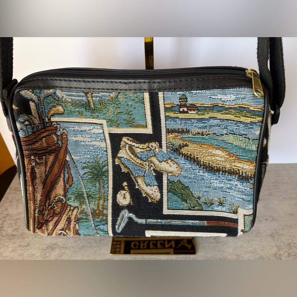 Golfer’s Gallery Vintage Tapestry Handbag Purse-Cloth Straps-Zippered Closure - Picture 3 of 9